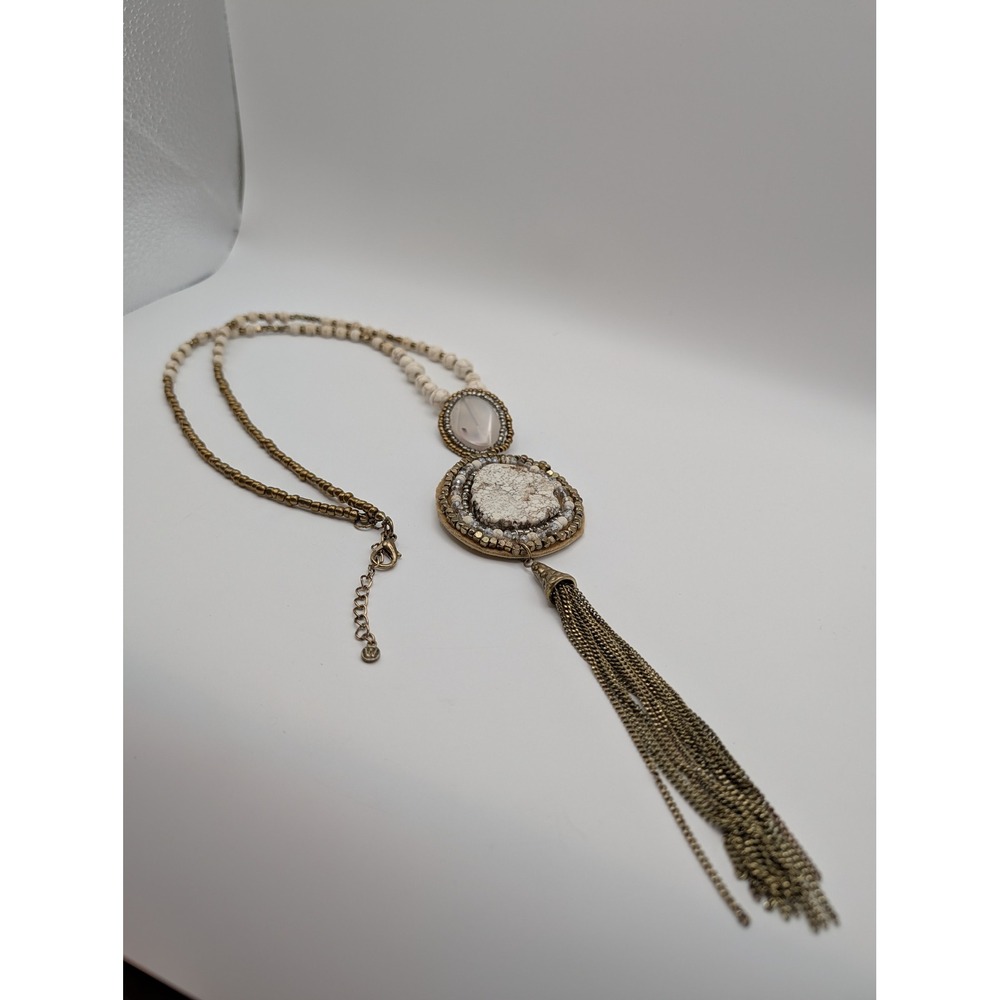 Boho Beaded Tassel Pendant Necklace White Stone Gold Tone Statement 24"